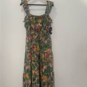 Maison Tara Pink Floral Dress with Green Accents. 46” long. Size 14.